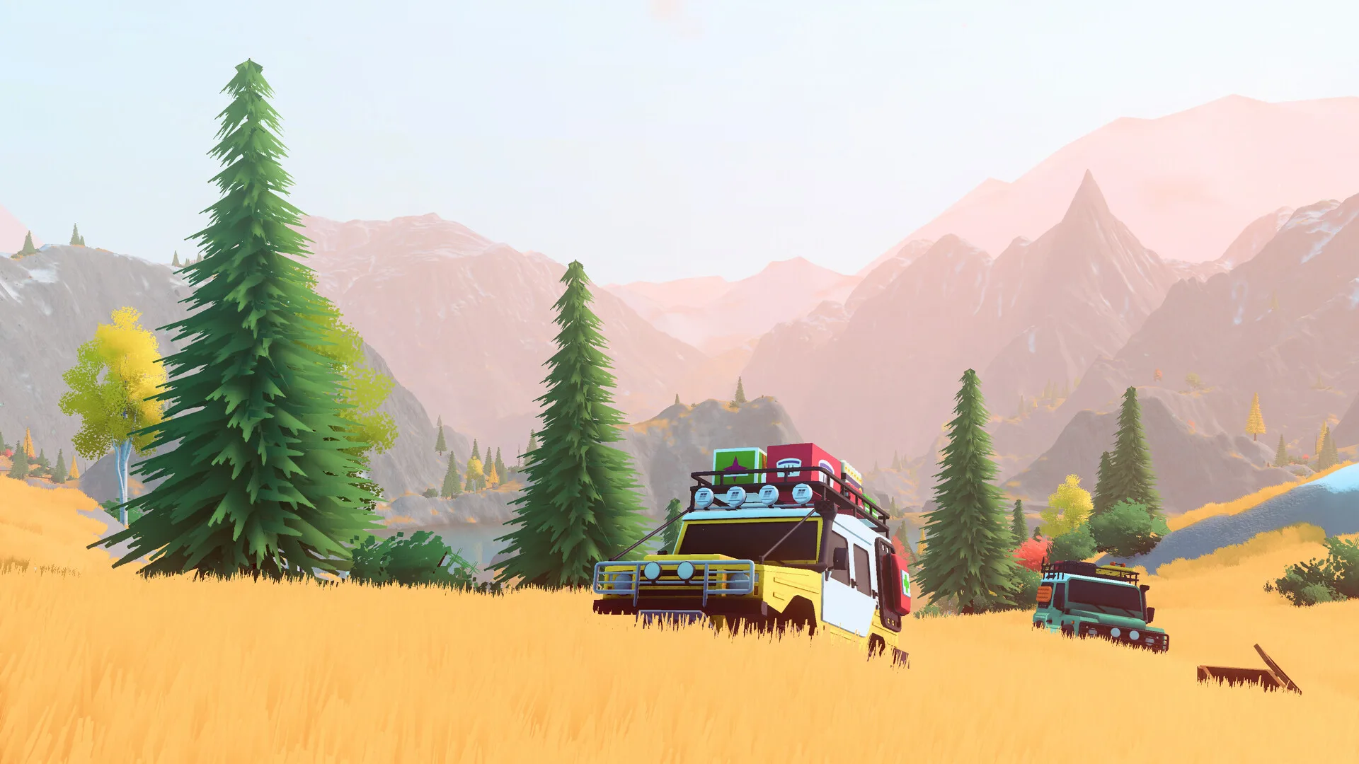 Over the Hill official screenshot of two 4x4 vehicles in a mountain meadow