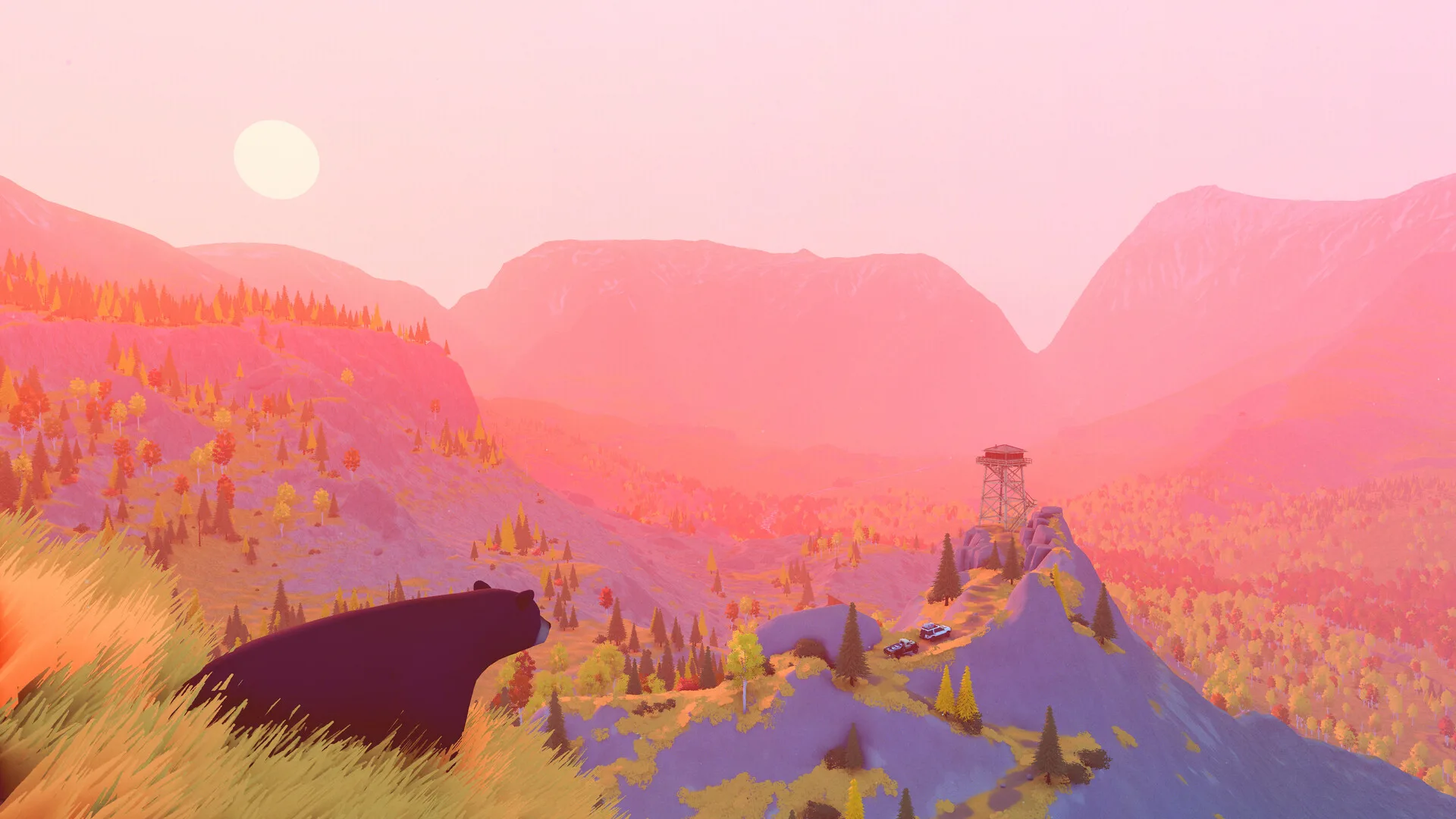 Over the Hill official screenshot of a bear overlooking vehicles and a watchtower at sunset